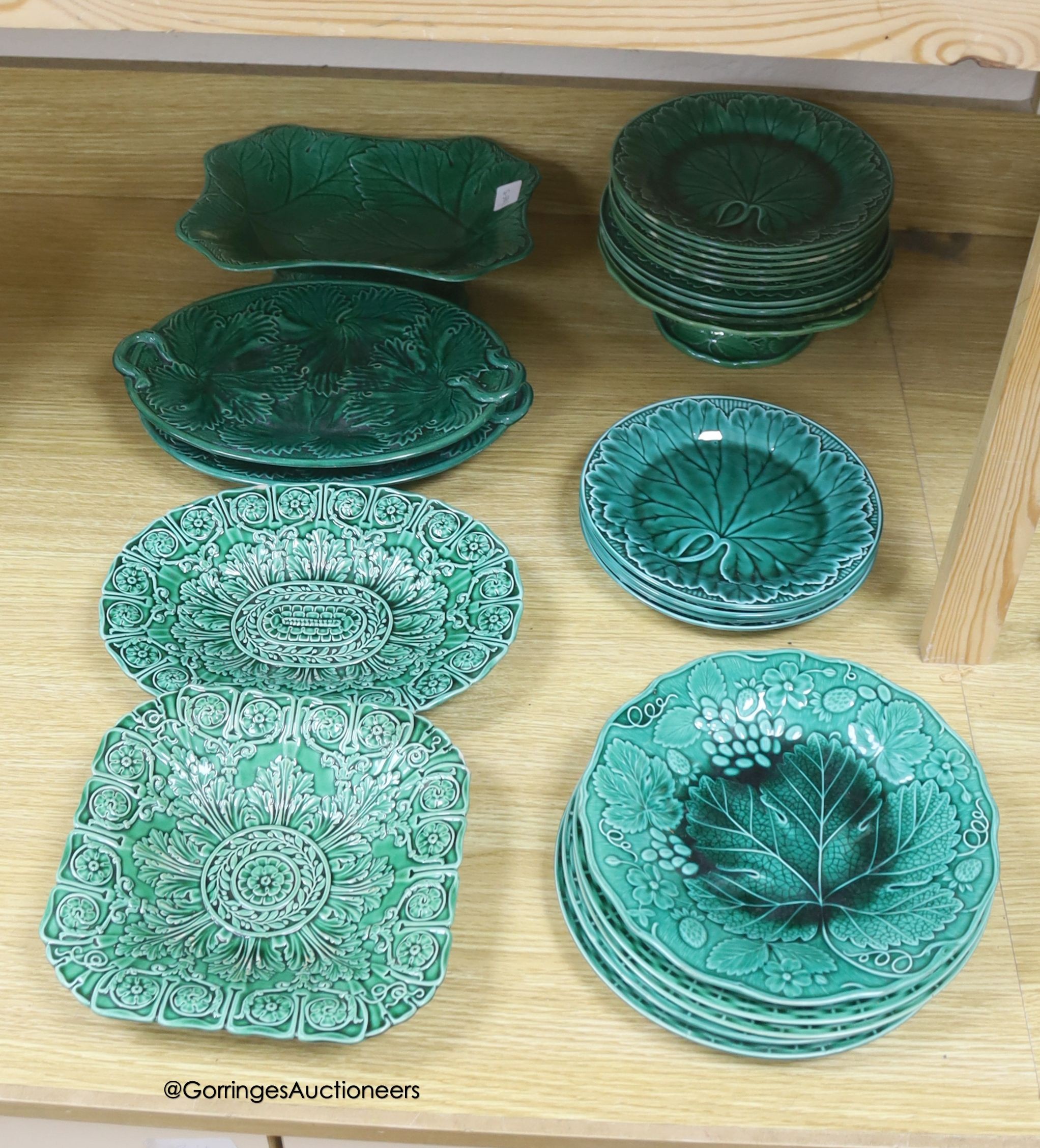 A quantity of 19th/20th century green glazed cabbage wares including Wedgwood